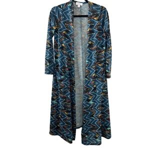 LuLaRoe Maxi Cardigan Teal Geometric Print Open Front Long Sleeve Pockets Size S
